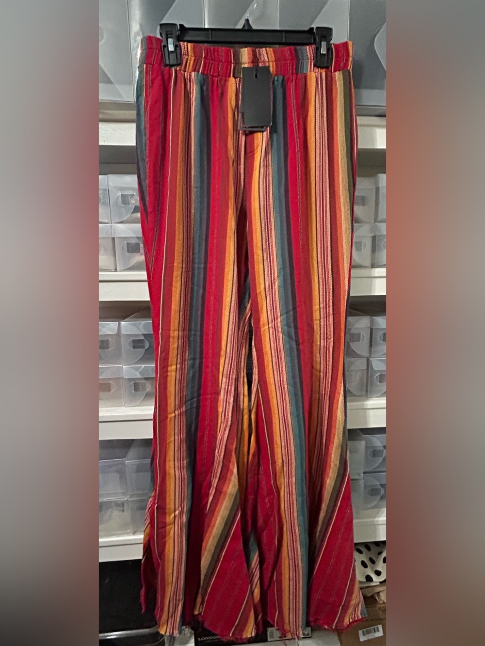 L&B Multicolor Striped Bell Bottom Pants in Red, Orange & Teal